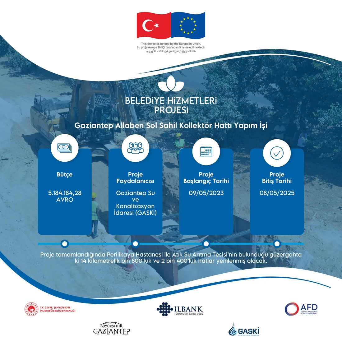 Square campaign post announcing a municipal services programme, with an illustrated figure and the programme marks along the base.
