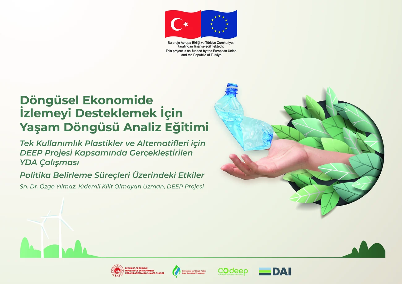 Training announcement for a life cycle analysis course, an illustrated hand releasing plastic bottles that turn into leaves, with programme logos along the base.