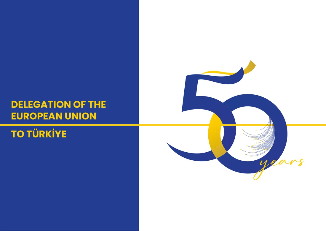 Cover of a wide landscape commemorative publication marking fifty years of the Delegation in Türkiye.