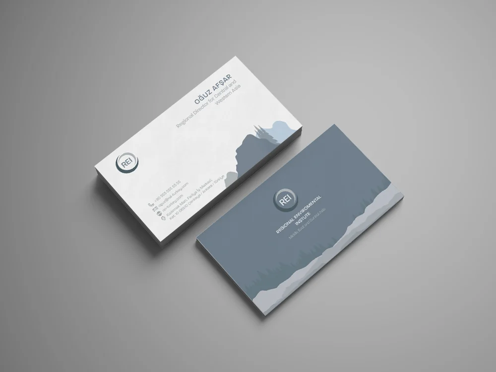Two business cards on a white surface in a muted blue and grey palette, one showing a soft landscape motif.