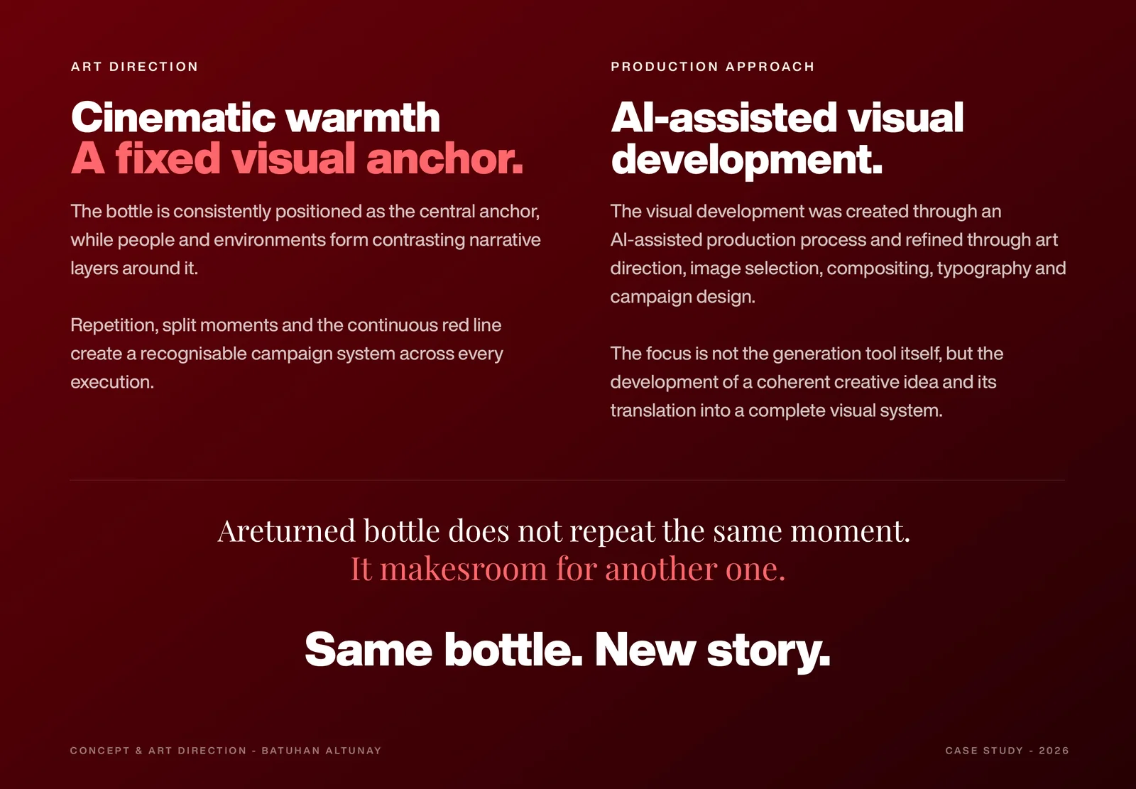 Art direction board: cinematic warmth with the bottle as a fixed visual anchor.