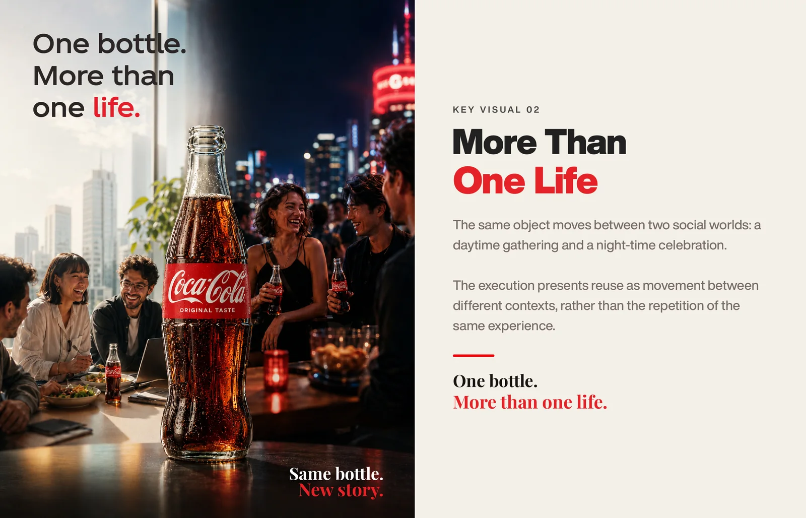 Key visual More Than One Life: the bottle moving between a daytime gathering and a night-time celebration.