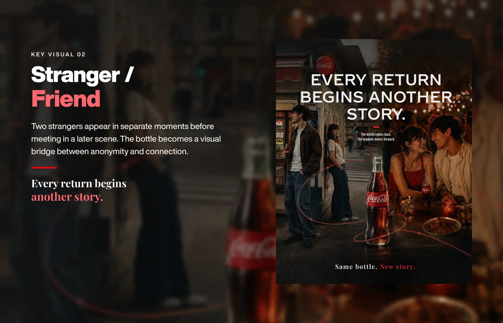 Key visual Stranger / Friend: two strangers in separate scenes, with the poster line Every return begins another story.