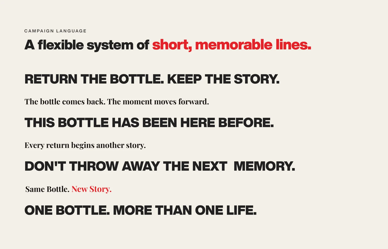 Campaign language board listing the interchangeable headlines of the system.