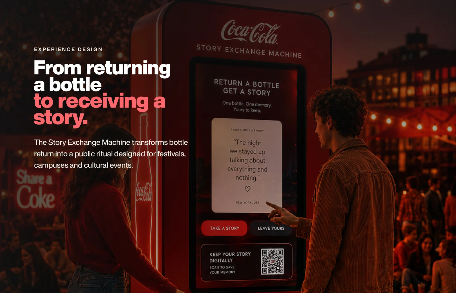 The Story Exchange Machine in use at a night event, a participant reading a printed story.