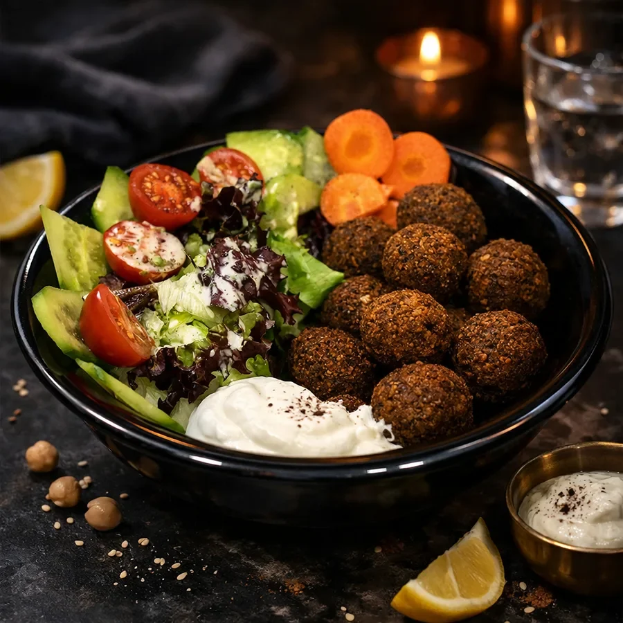 A generated menu image of a falafel bowl on a dark surface.