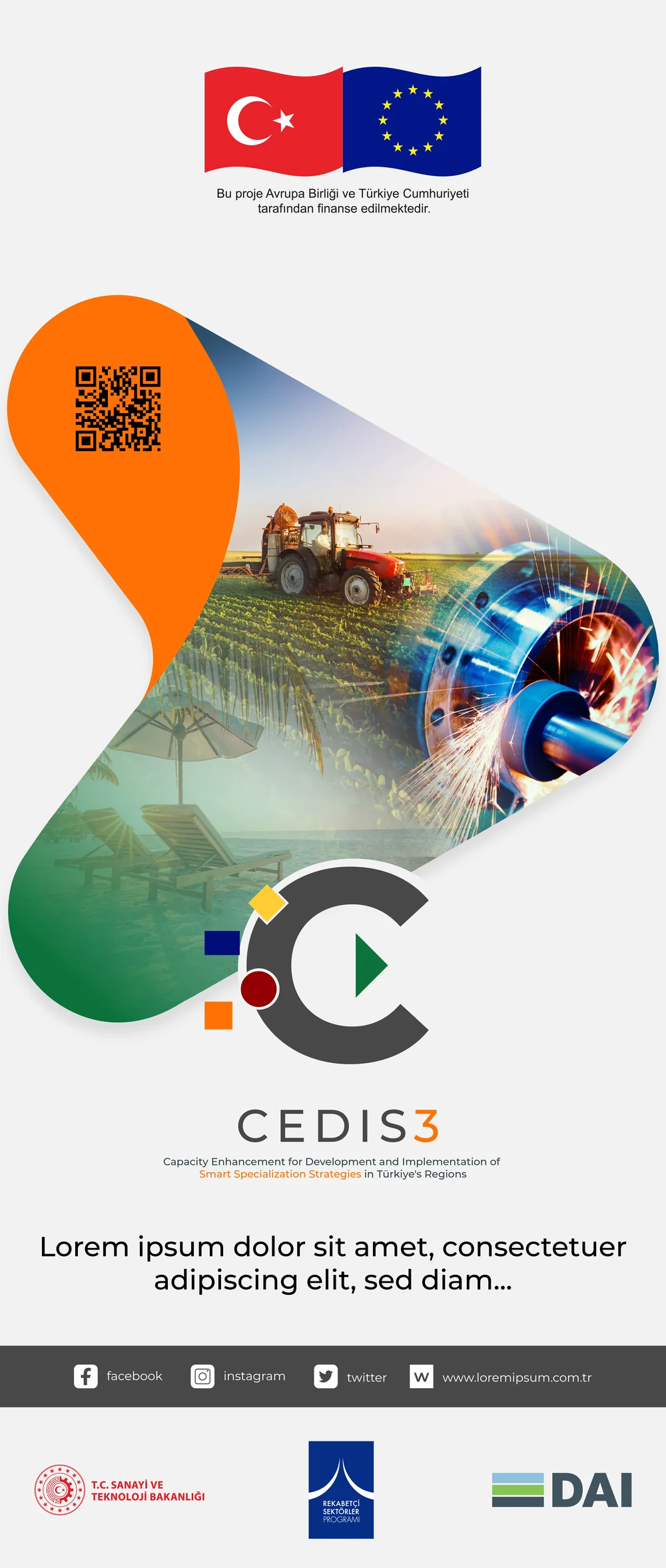 Tall roll-up banner for a regional smart specialisation programme, with the programme name stacked over a light graphic field.