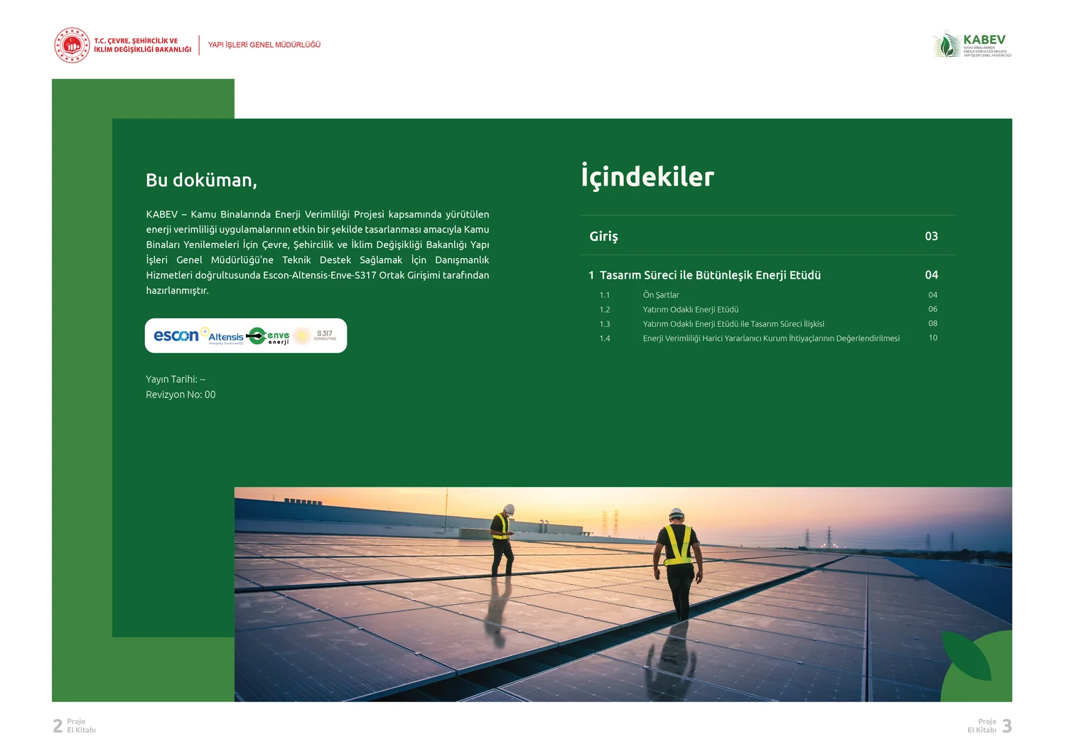 Open publication spread with a green contents column on the left and a full-bleed photograph of an industrial site on the right.
