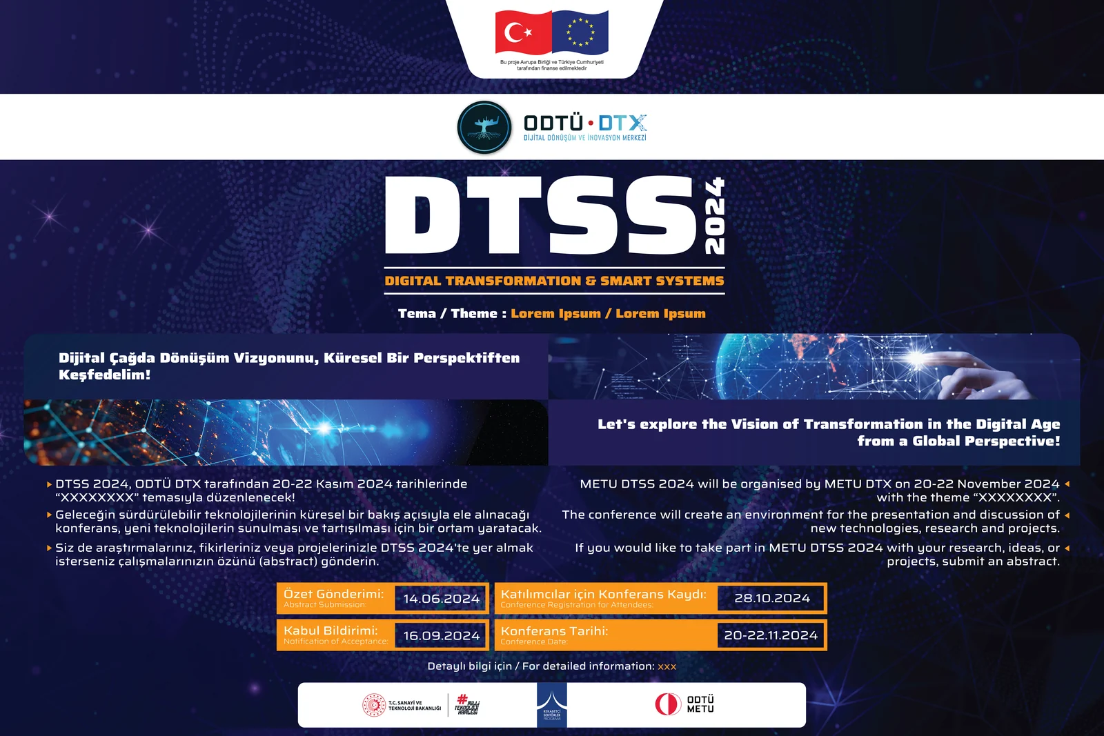 Wide event banner for a digital transformation conference, dark blue with a circuit motif, carrying the Turkish flag, the European Union emblem and the funding statement along the top.