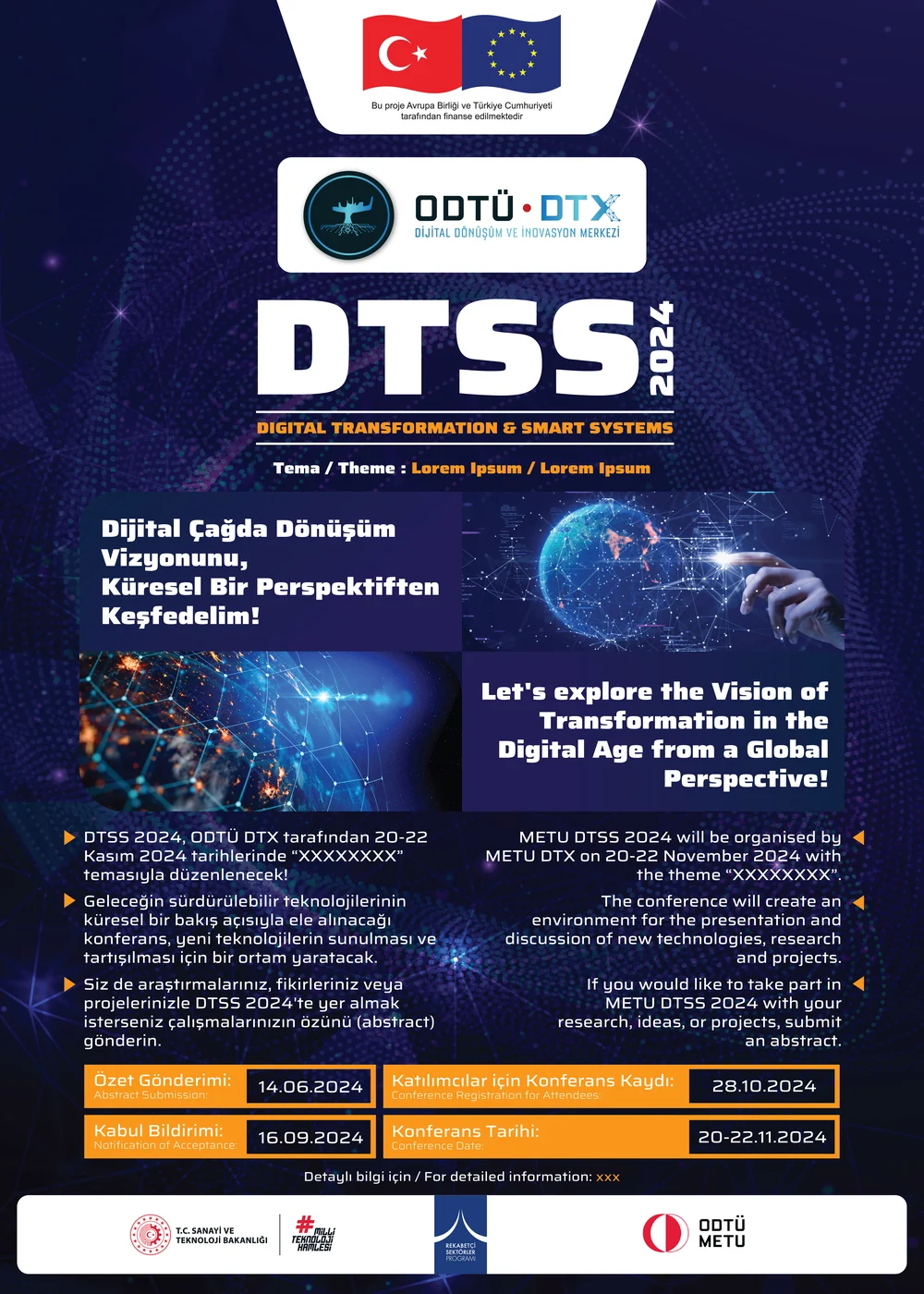 Portrait conference poster listing the programme themes in Turkish and English over a dark technical background.