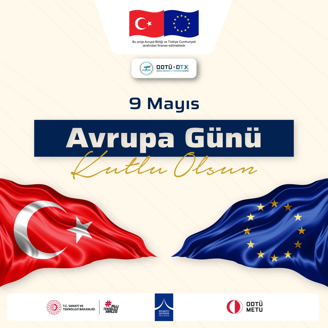 Europe Day greeting with the Turkish and European Union flags meeting across a pale background.