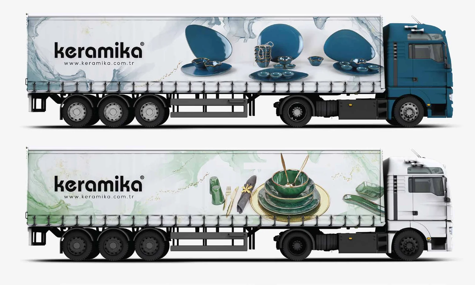 Two lorry trailers wrapped with Keramika graphics, one blue and one in a pale marbled treatment.
