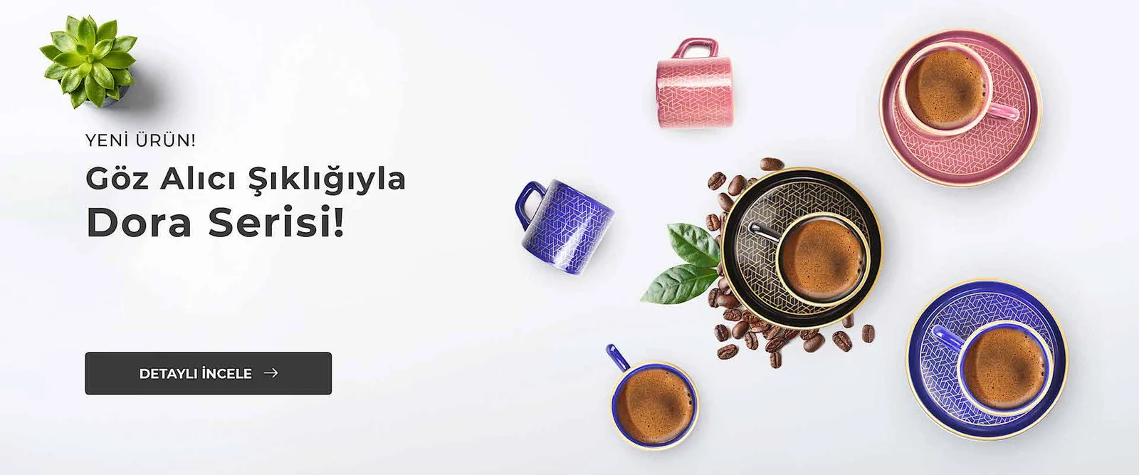Wide site banner introducing the Dora series, with coloured cups laid out on a pale surface.