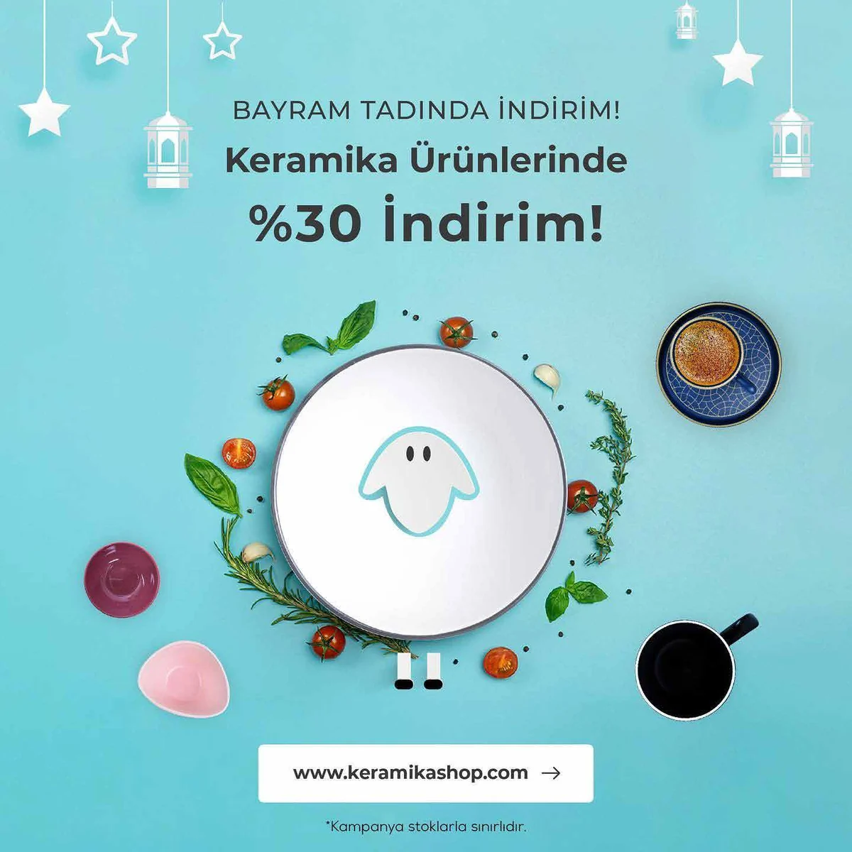 Turquoise holiday campaign visual with a white plate at the centre, surrounded by small dishes and lanterns.