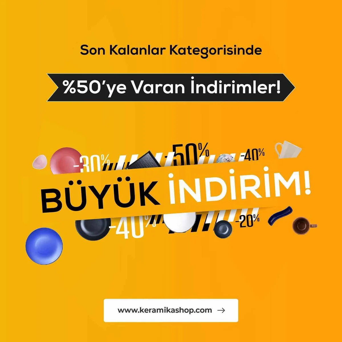 Keramika discount campaign visual: bowls and plates falling through orange space with large percentage figures.