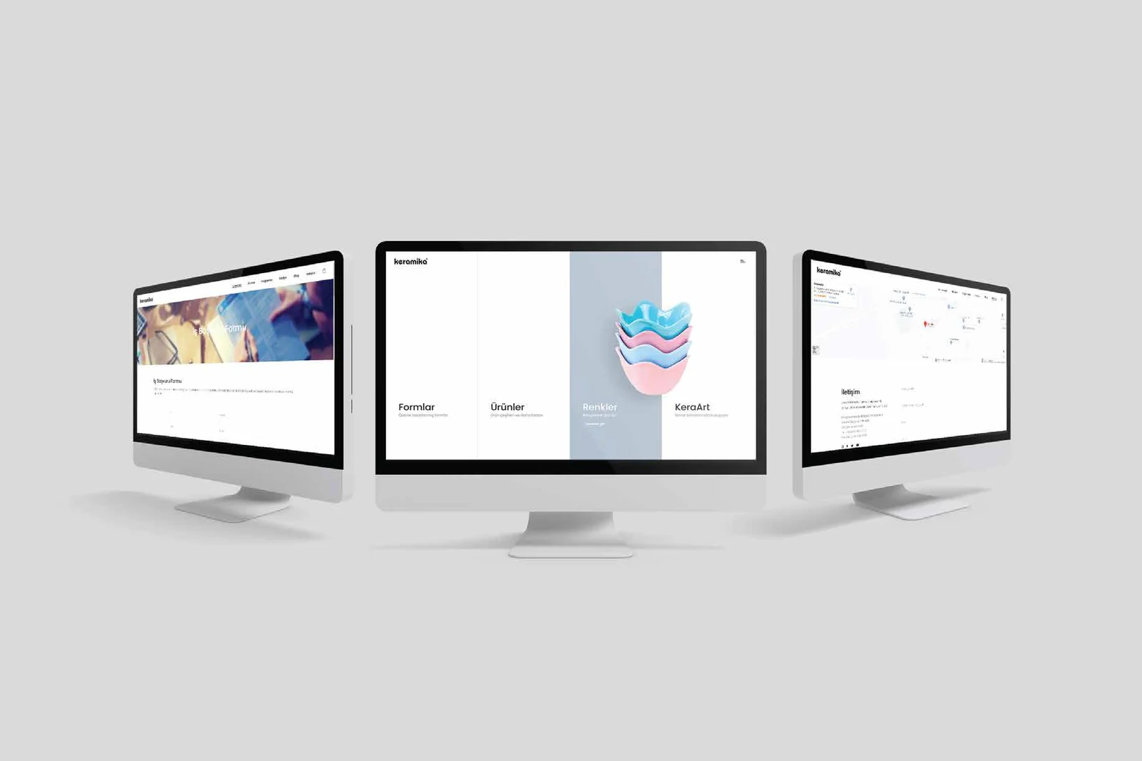 Three desktop screens showing consecutive sections of the Keramika site.