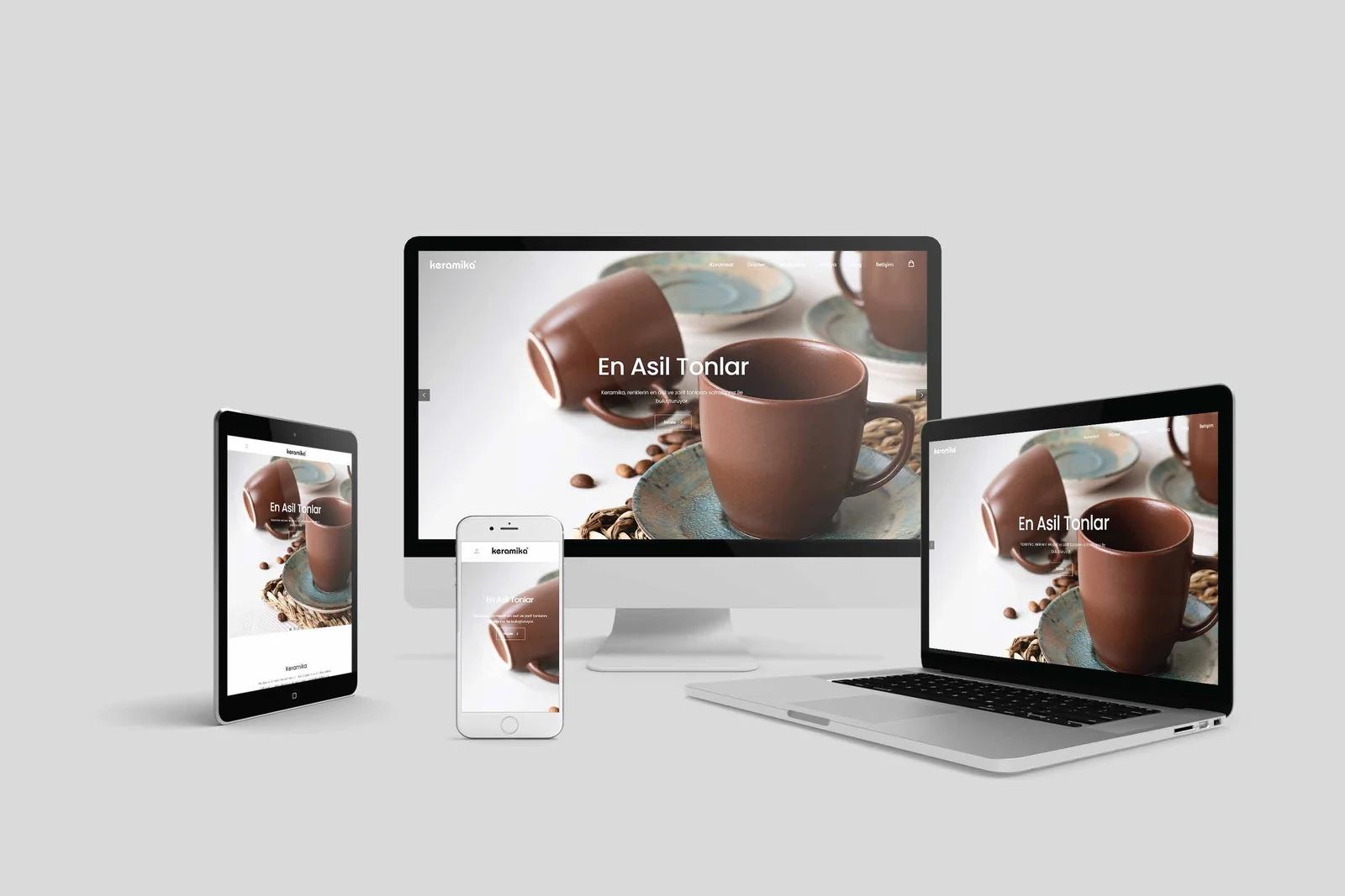 The Keramika corporate site shown across a laptop, tablet and phone.