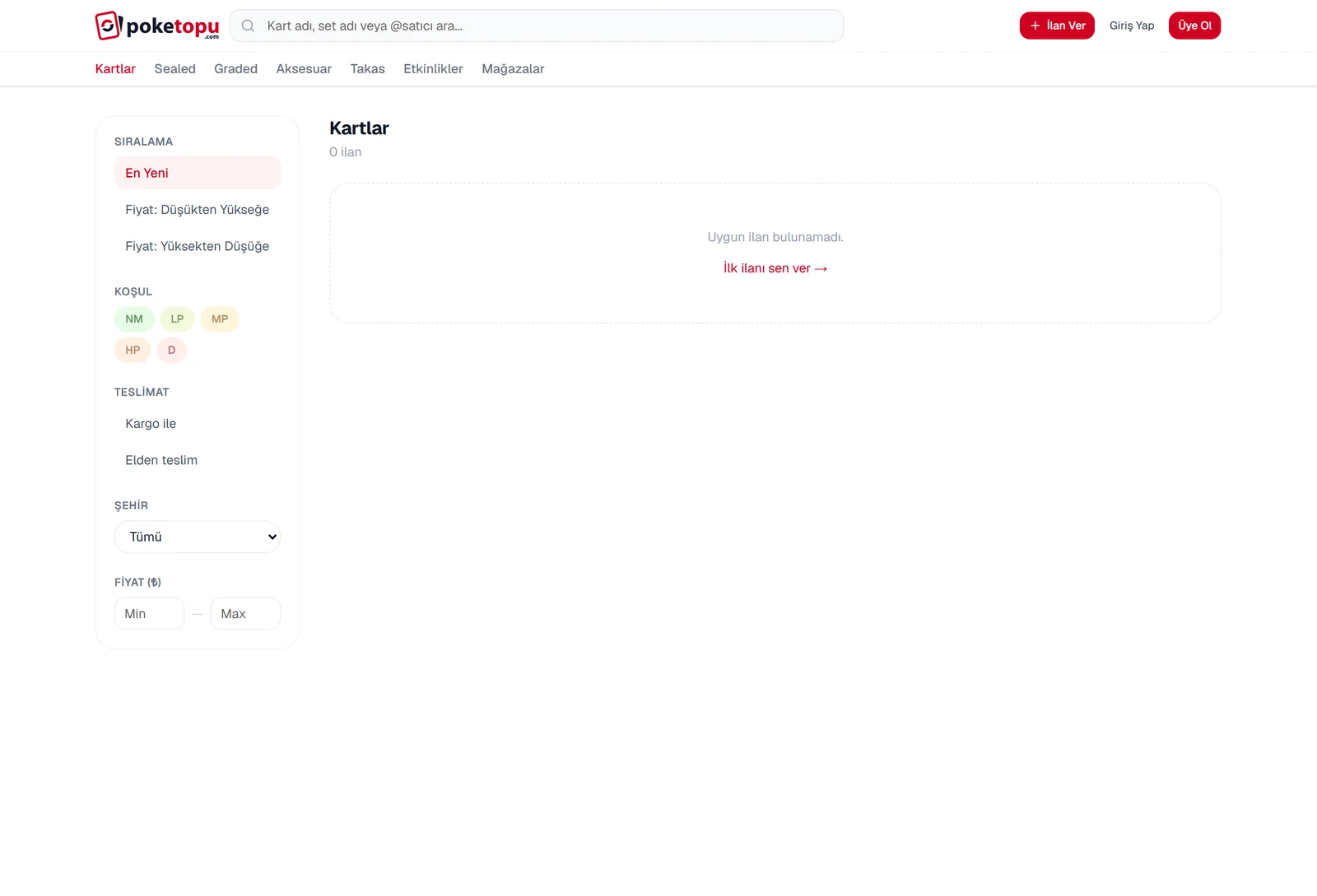 Poketopu ilanlar sayfası: sıralama, koşul derecesi, teslimat yöntemi, şehir ve fiyat filtrelerinin yanında boş bir sonuç alanı.
