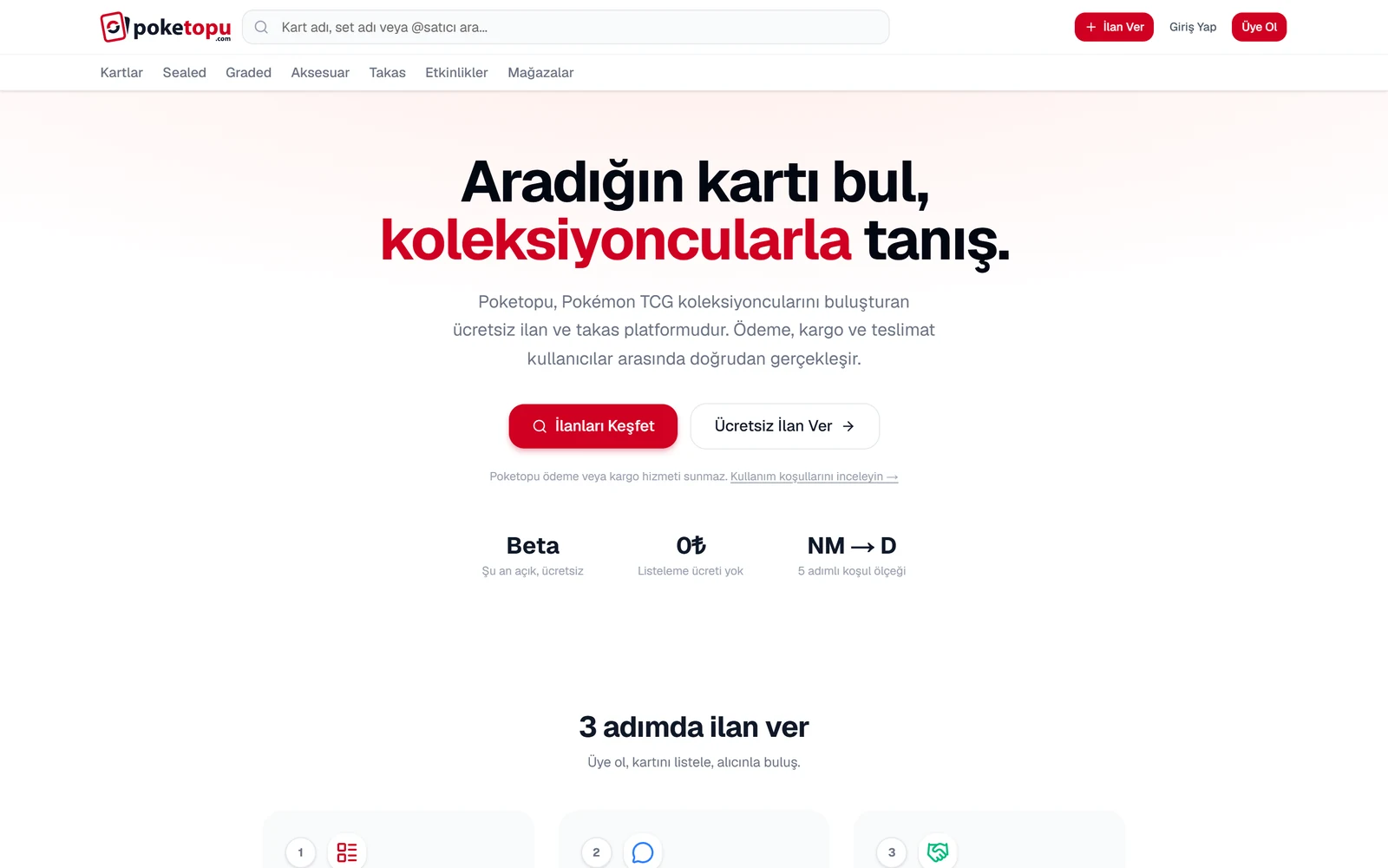 The Poketopu home page: a search bar across the top, category navigation, and a headline inviting collectors to find the card they are looking for.