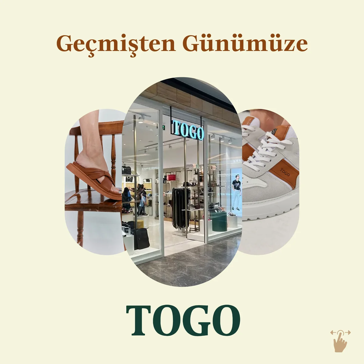 A brand history layout on cream, with the TOGO wordmark, a shopfront and an archive photograph of a shoe workshop.