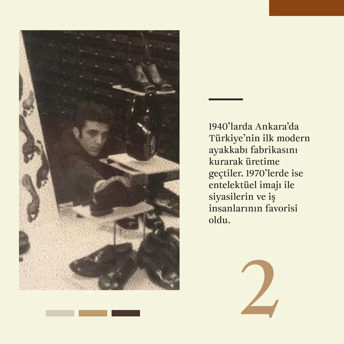 A panel from the same series pairing an archive workshop photograph with a dated note about the brand's origins.