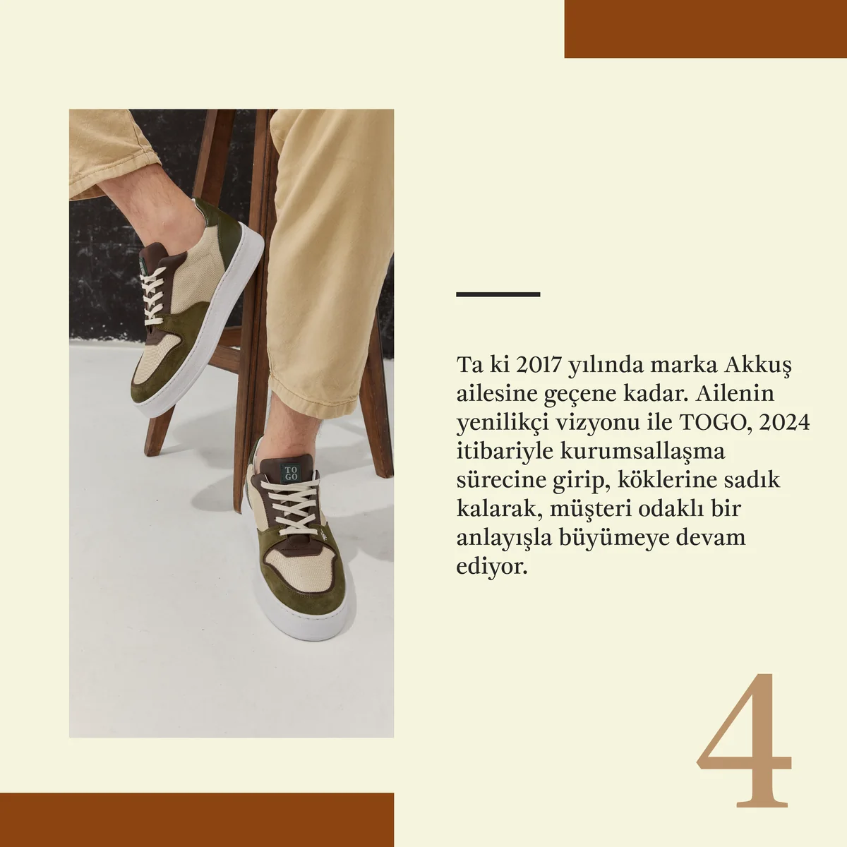 The closing panel of the series, a product photograph set against the brand's rust and cream palette.