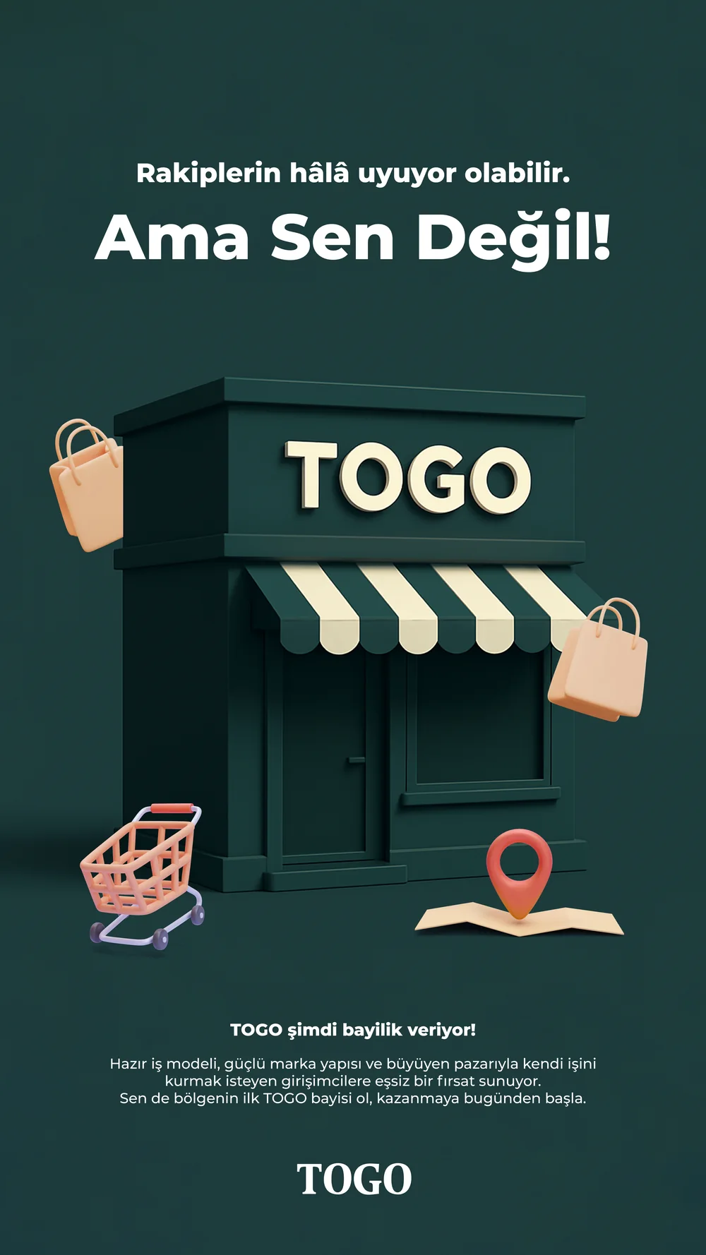 An illustrated story announcing franchise opportunities, a drawn TOGO shopfront on deep green.