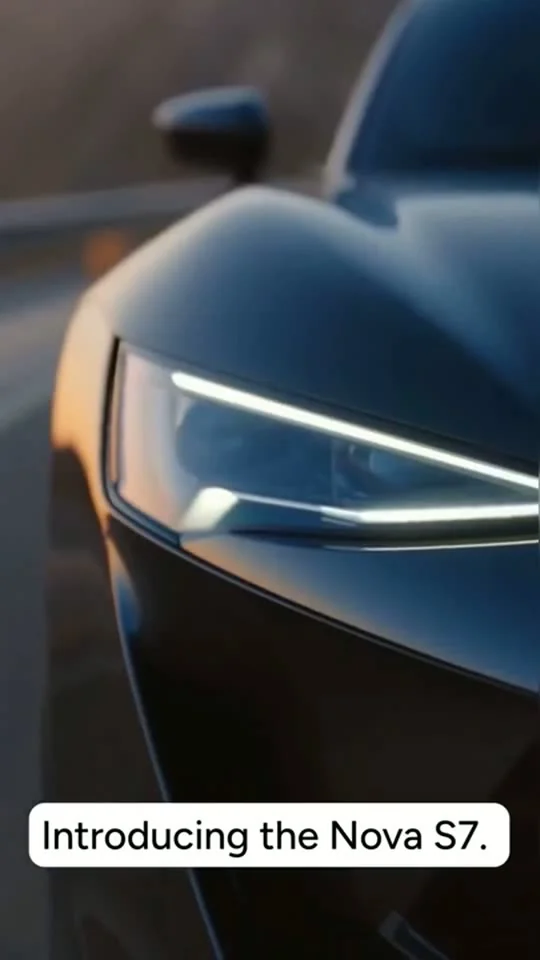Vertical demo frame showing the headlight of a car with a product introduction caption.