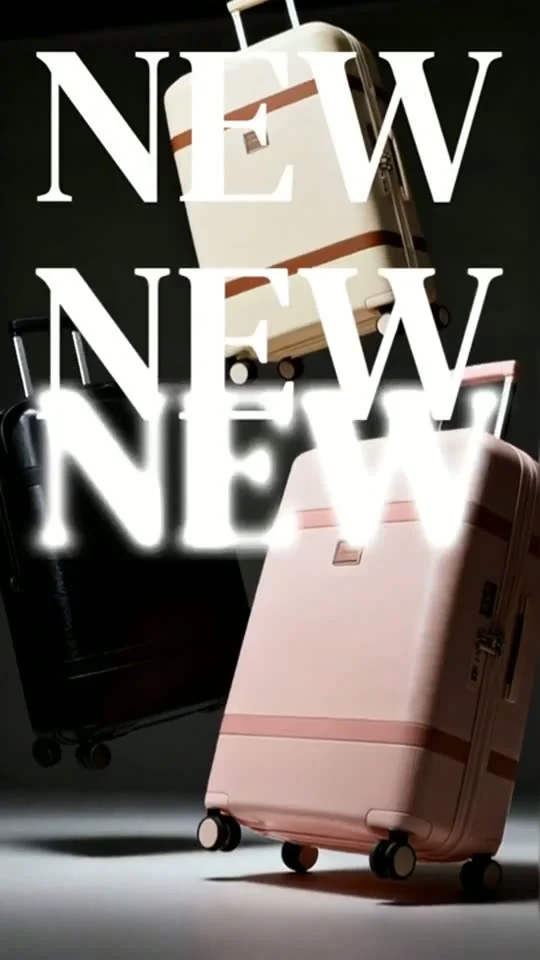 Vertical demo frame: a suitcase on a dark set behind the repeated word NEW.