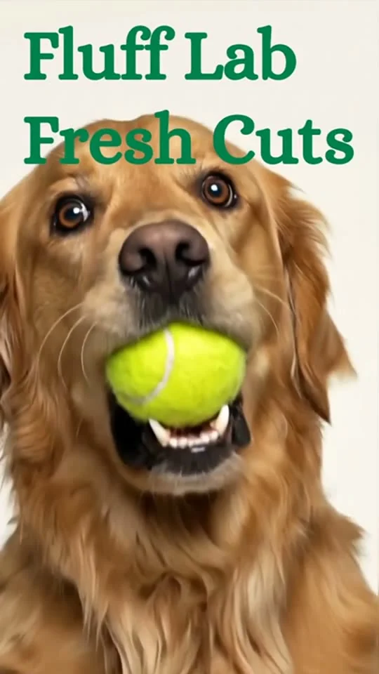 Vertical demo frame of a dog holding a tennis ball, with a grooming brand headline.