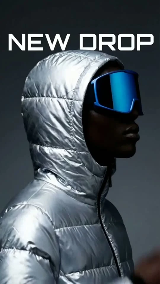 Vertical demo frame for eyewear, headed New Drop, with a figure in a silver hooded jacket.