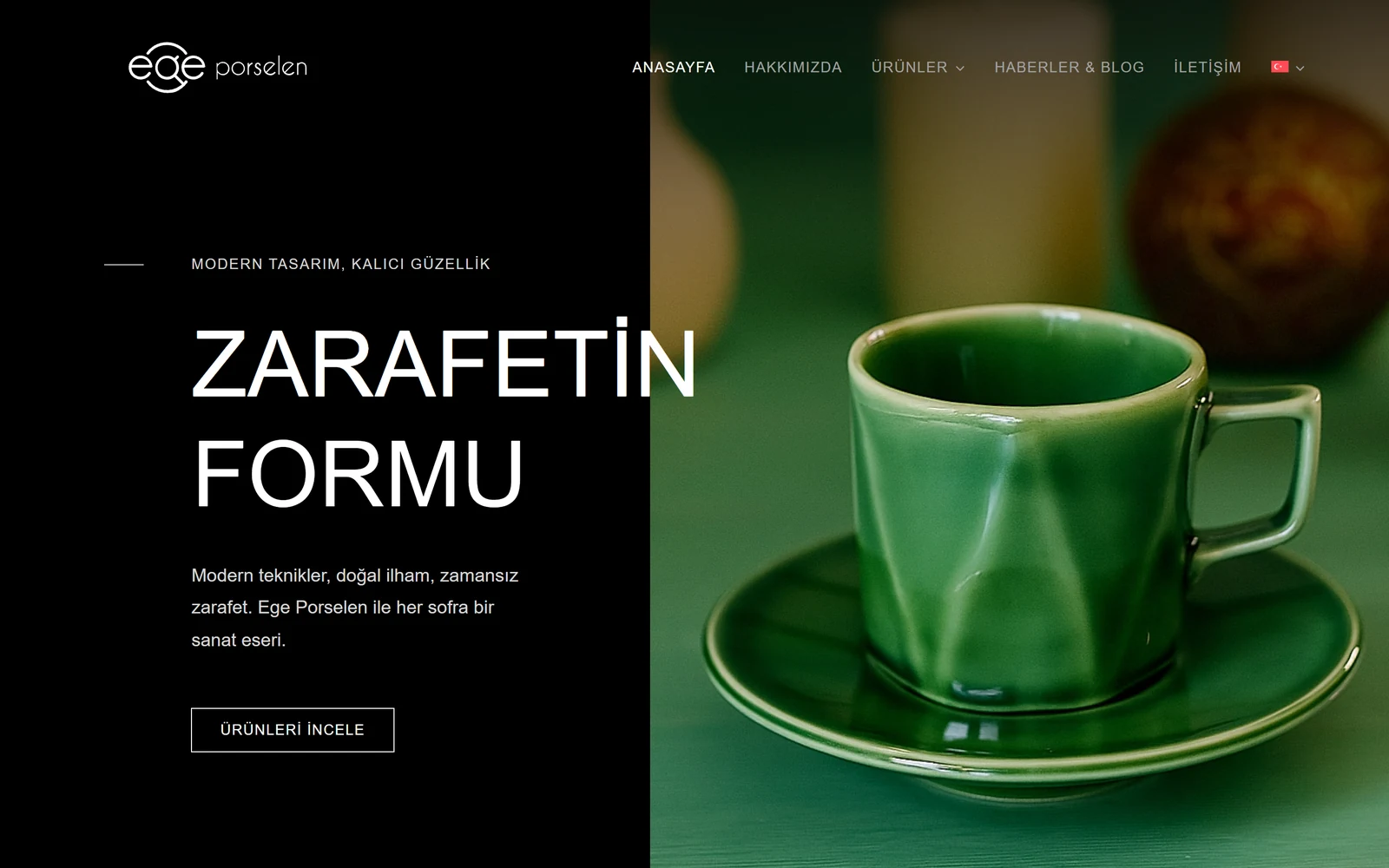 The Ege Porselen home page: a split screen with the headline on a black panel to the left and a photograph of a green glazed cup and saucer filling the right.