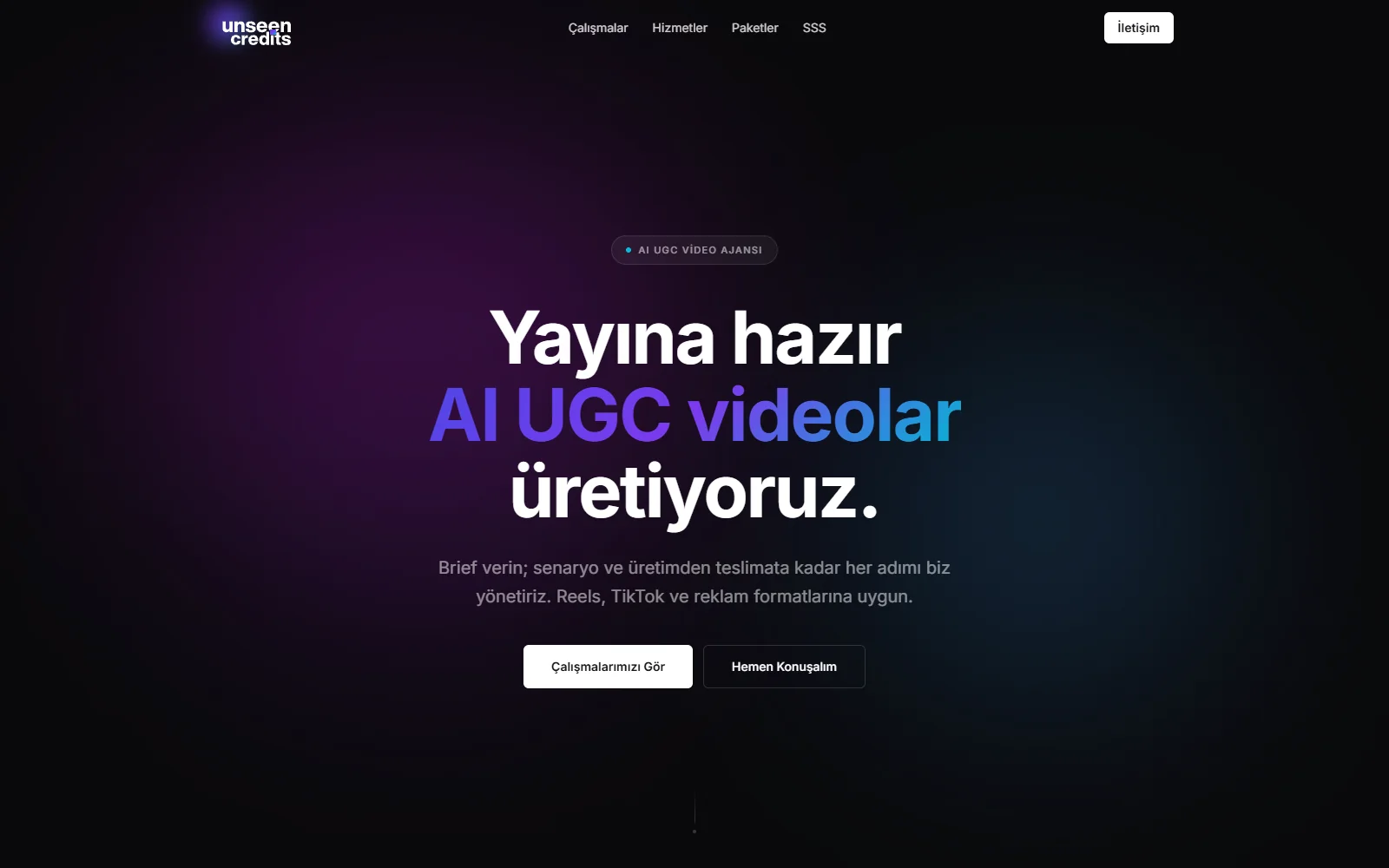 The Unseen Credits Studio home page: a dark violet gradient behind a large Turkish headline and two buttons.